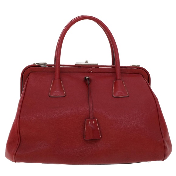 PRADA Clasp Hand Bag Leather Red Auth bs5891 - Picture 13 of 16